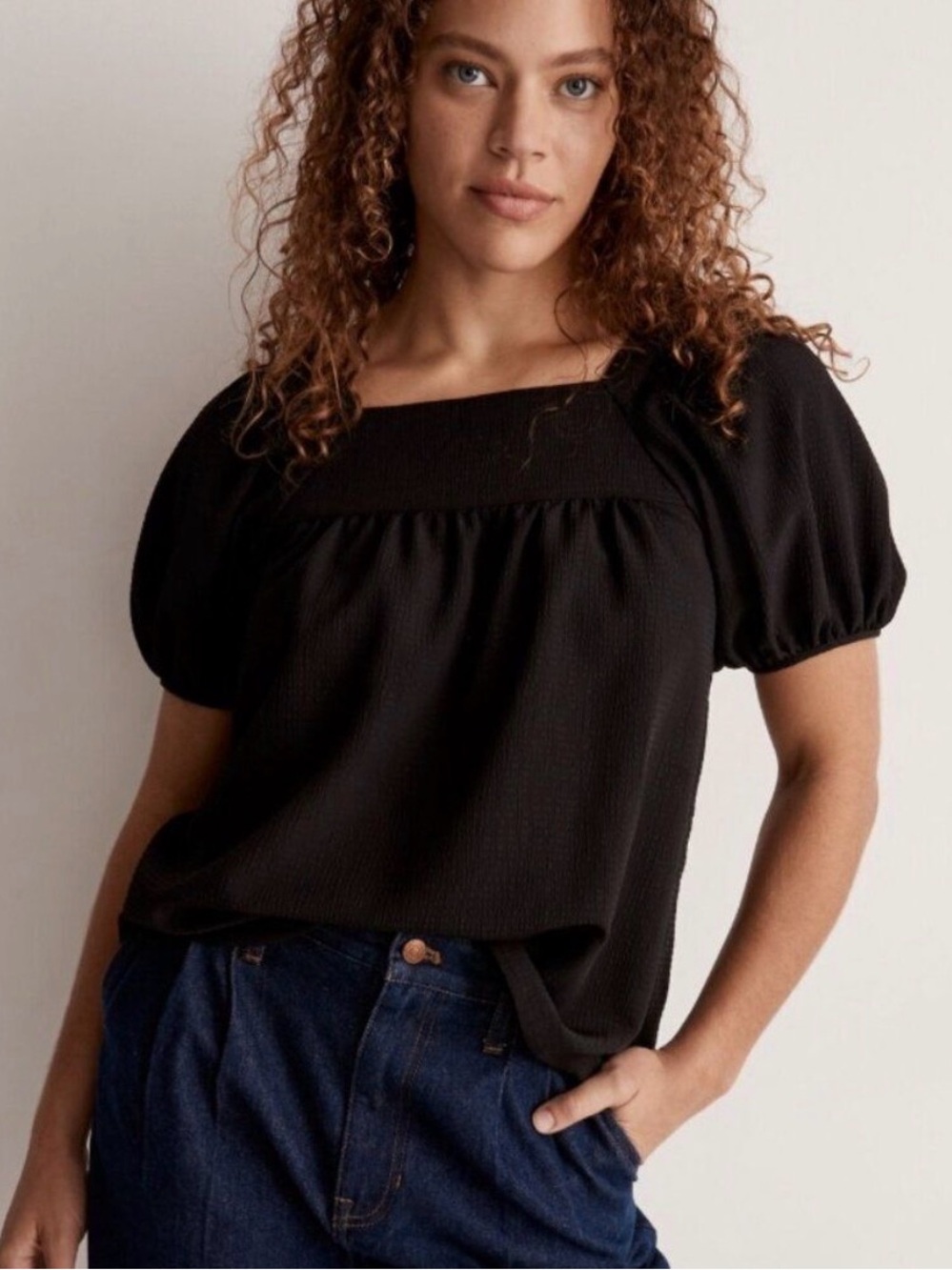 Madewell Black Seersucker Bubble-Sleeve Top Size XXS